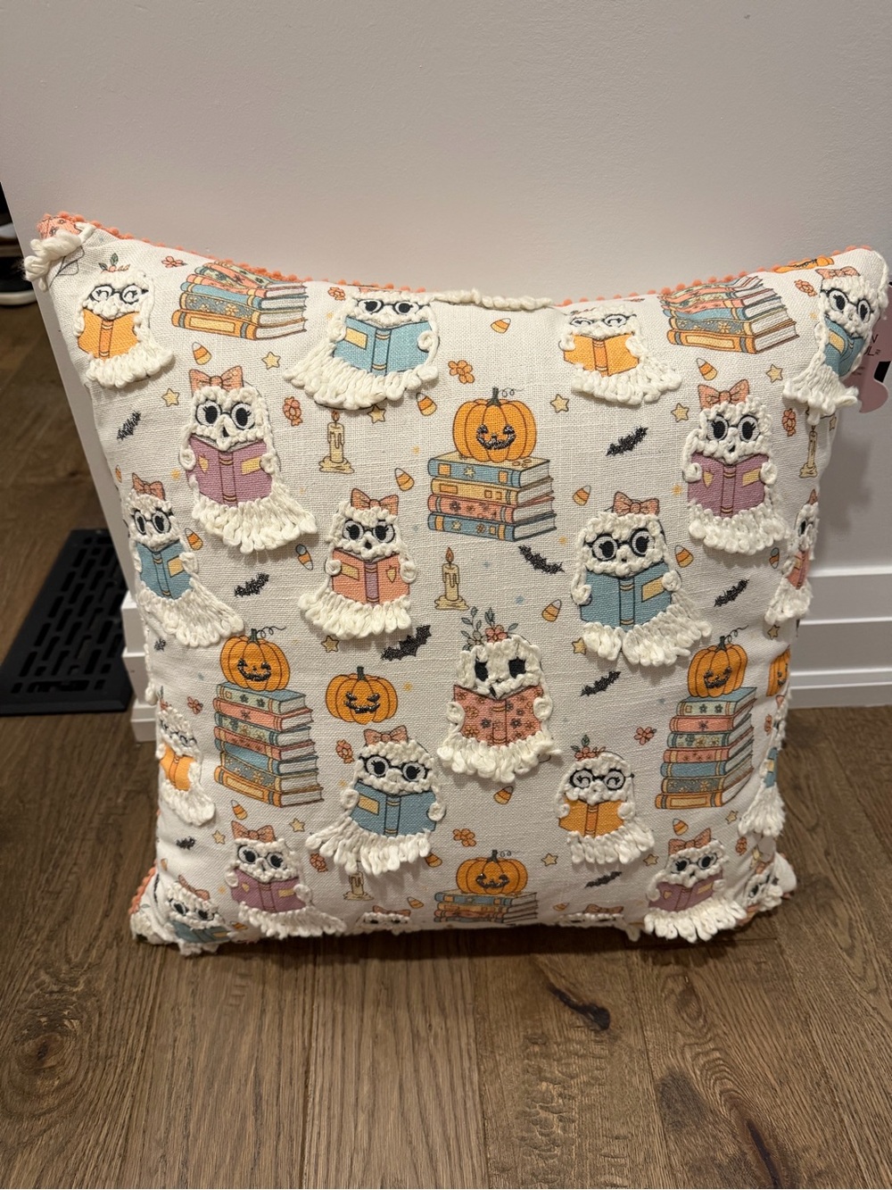 Whimsical Halloween Ghost Accent Pillow - White with Orange & Blue